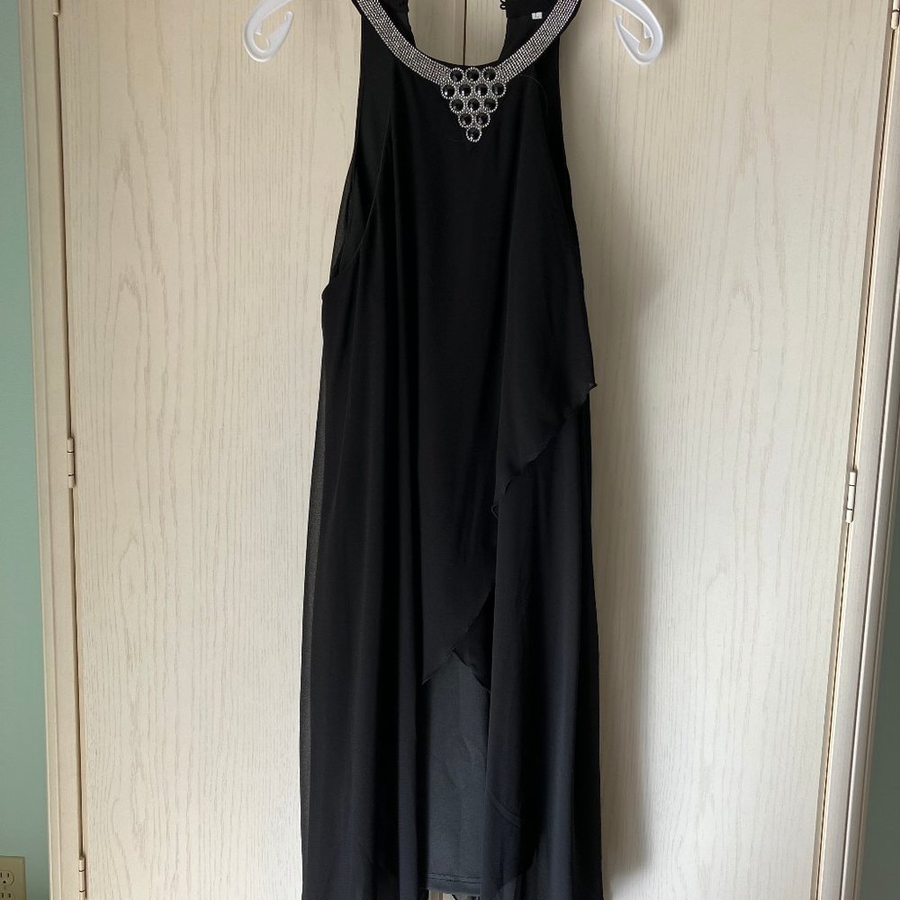 NEW Liligirl Black Asymmetric hem, Chiffon overlay embellished neck dress, Sz L